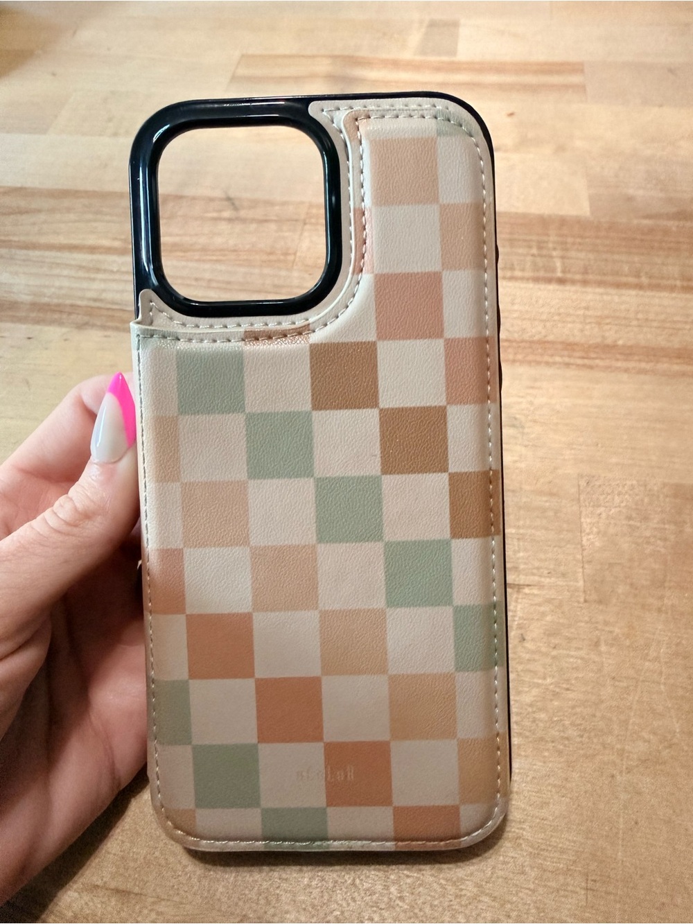 IPhone 16 Promax Case Card Holder - Beige Checkered Design